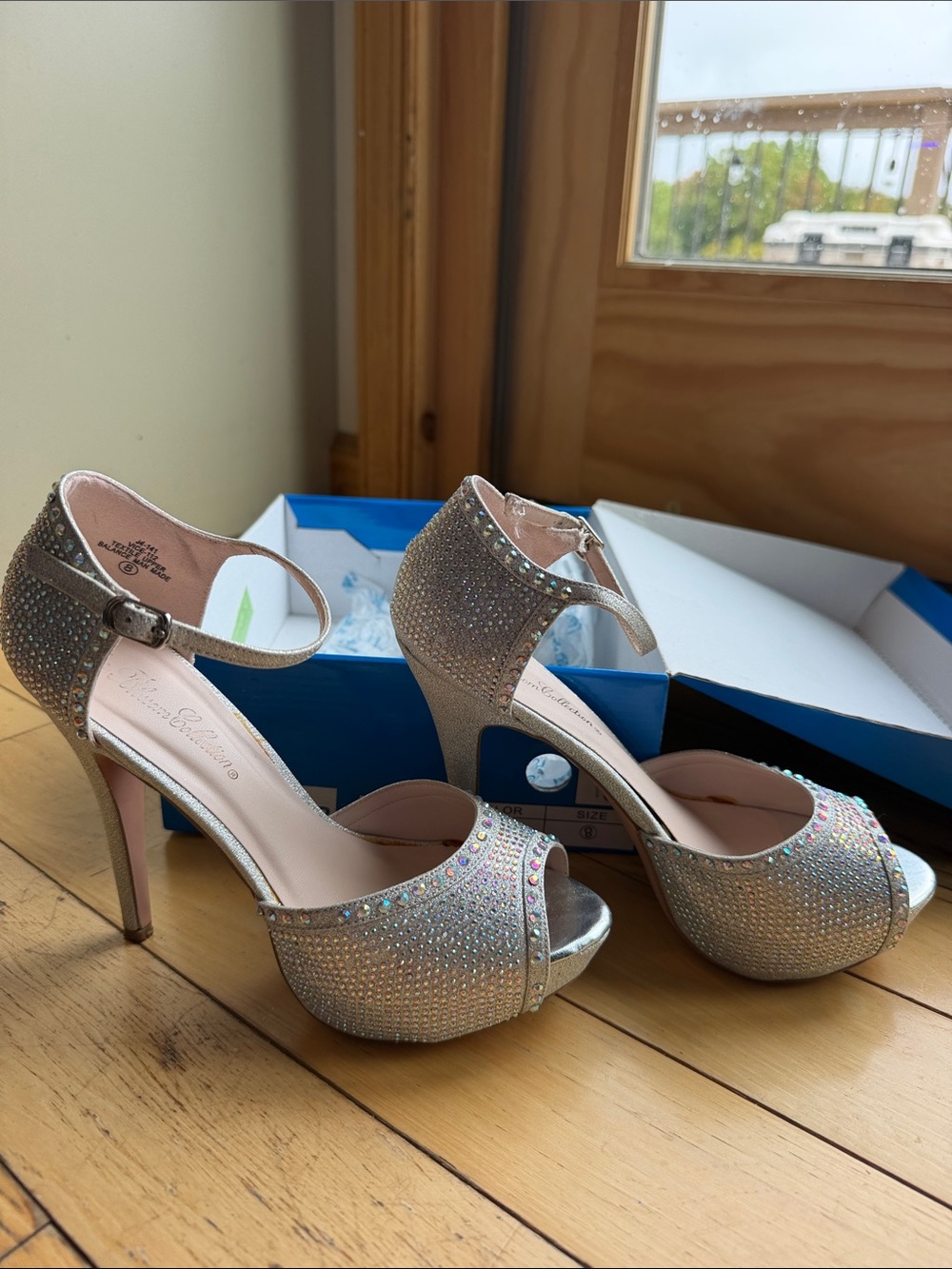 De Blossom Collection Silver Rhinestone Peep-Toe Ankle Strap Heels